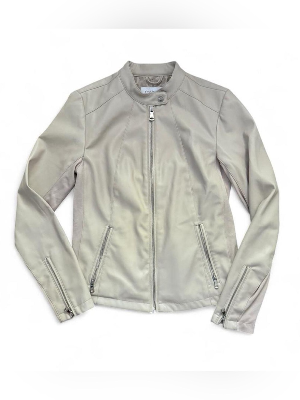 Calvin Klein Women's Light Cream Leather Moto Jacket